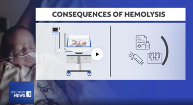 Screen shot of the KY1 News Story showing an image with a headline Consequences of Hemolysis and the Spectrum News 1 logo