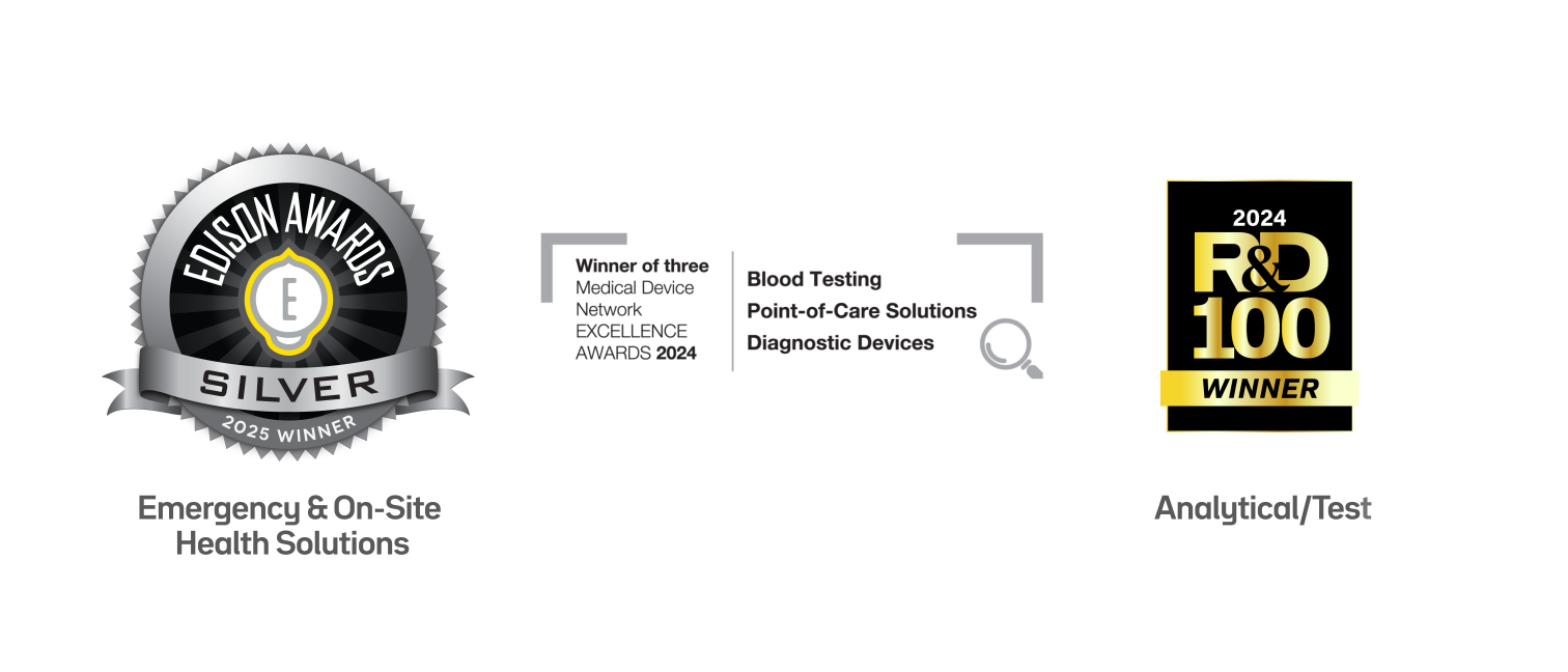 Image showing the Edison Silver Award, Medical Device Network Excellence Awards, and R&D 100 Winner Award which were all awarded to the GEM Premier 7000 with iQM3